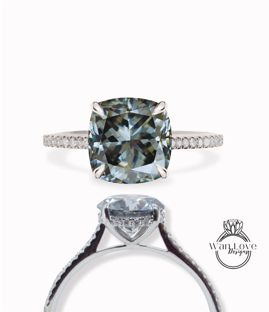 Gray Moissanite & Diamond Cushion Side Halo Engagement Ring, Cushion hidden Halo Diamond Moissanite Ring, Grey Engagement Diamond Ring, Anniversary Gift