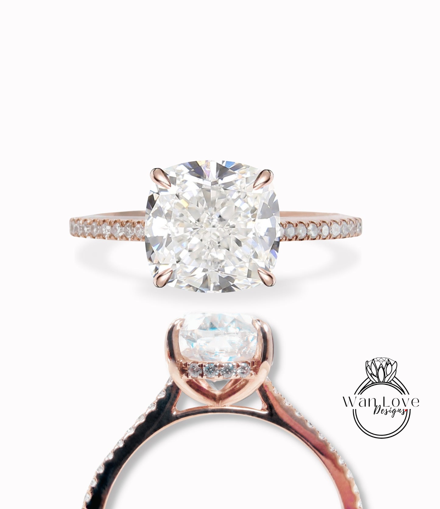 Cushion Diamond engagement ring hidden side halo ring rose gold prong ring Art deco Solitaire IGI Diamond wedding bridal Anniversary promise