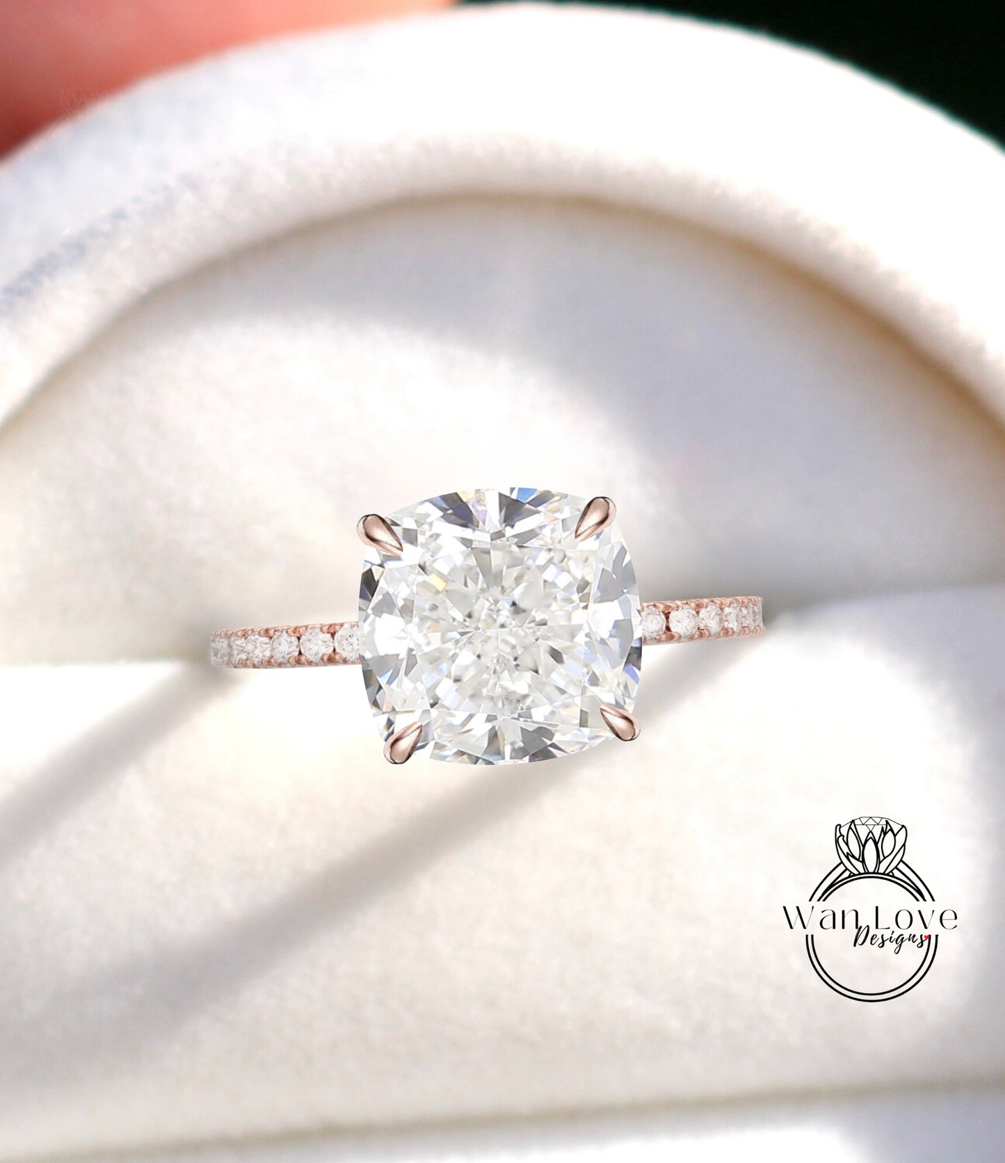 Cushion Diamond engagement ring hidden side halo ring rose gold prong ring Art deco Solitaire IGI Diamond wedding bridal Anniversary promise