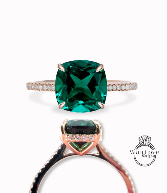 Emerald & Diamond Cushion Side Halo Engagement Ring, Cushion hidden Halo Diamond Moissanite Ring, Green Engagement Diamond Ring, Anniversary Gift