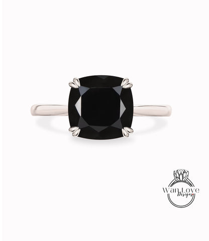 Black Spinel Solitaire Cushion Engagement Ring, 14k 18k White Yellow Rose Gold,Platinum, Custom made size,Wedding,Anniversary,WanLoveDesigns