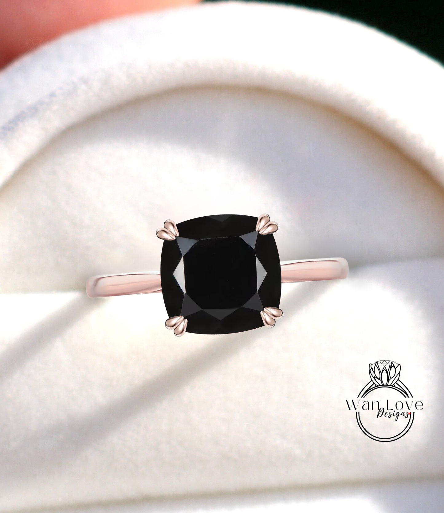 Black Spinel Solitaire Cushion Engagement Ring, 14k 18k White Yellow Rose Gold,Platinum, Custom made size,Wedding,Anniversary,WanLoveDesigns