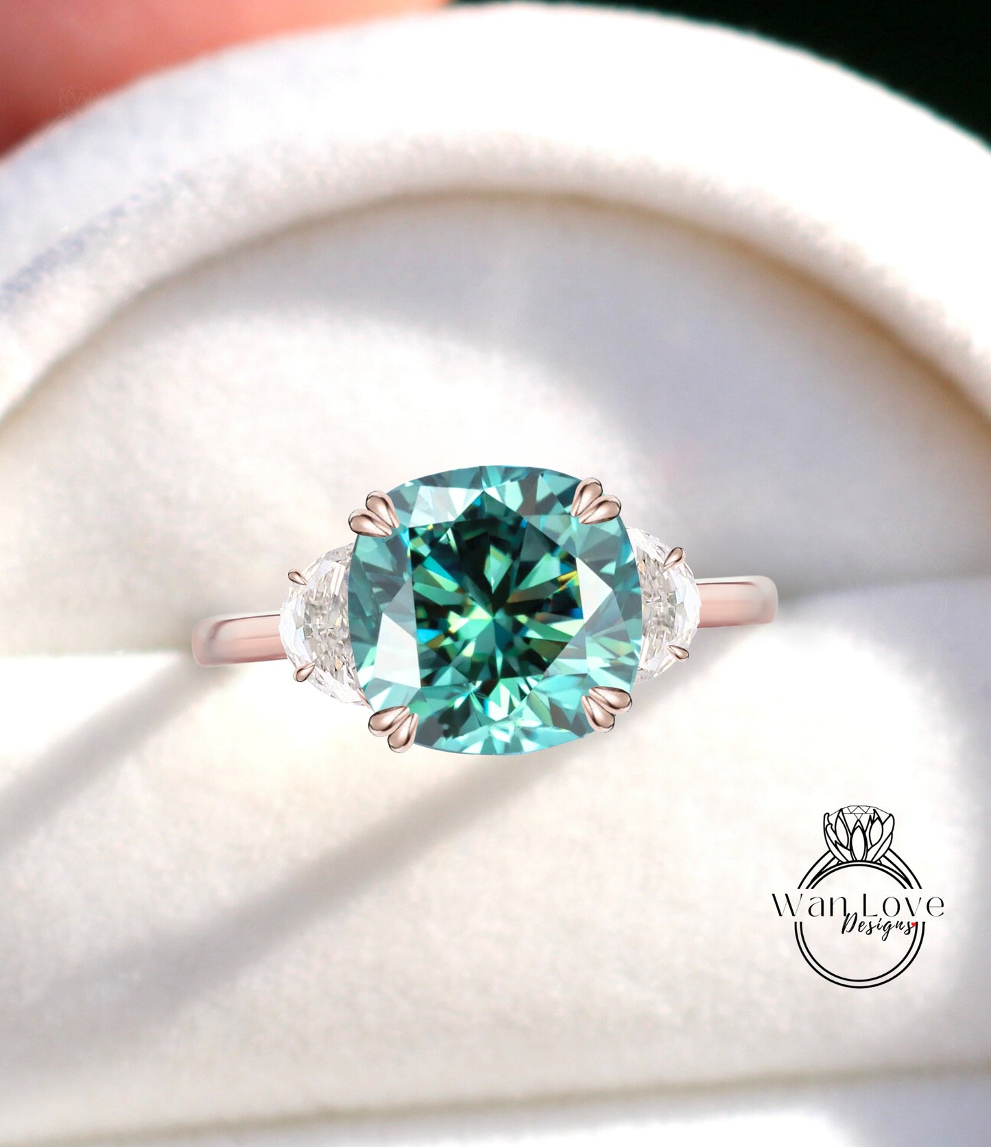 Blue Green Moissanite & Diamond Half Moon Cushion cut Engagement ring gold celebrity vintage style ring woman 3 gem stone Wedding Bridal ring Anniversary gift