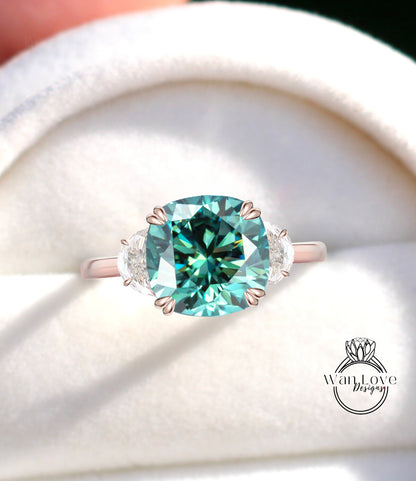 Blue Green Moissanite & Diamond Half Moon Cushion cut Engagement ring gold celebrity vintage style ring woman 3 gem stone Wedding Bridal ring Anniversary gift