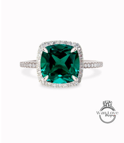Cushion cut Emerald engagement ring vintage Art deco rose gold diamond halo ring Emerald birthstone Bridal wedding Anniversary promise ring