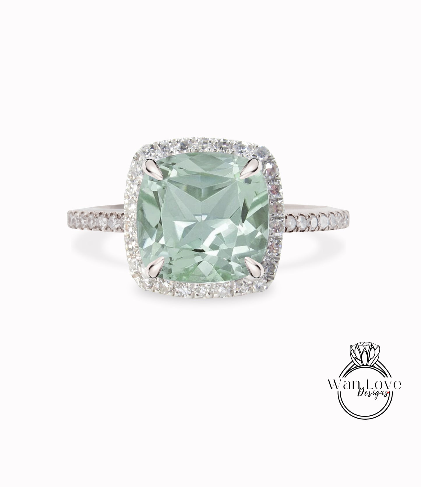 Prasiolite Green Amethyst & Diamond Halo Engagement Ring-Cushion-Round 14k 18k White Yellow Rose Gold-Platinum-Custom-Wedding, Gift