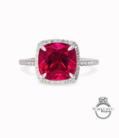 Cushion cut Ruby engagement ring vintage Art deco rose gold diamond halo ring Red Ruby birthstone Bridal wedding Anniversary promise ring