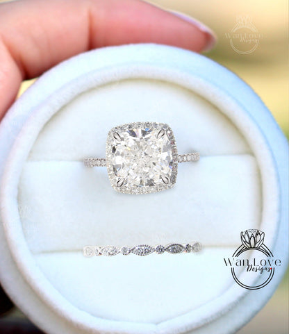 Diamond Cushion Milgrain Leaf Engagement Ring Wedding Band Set IGI CVD HPHT Lab Diamonds Custom,14k 18k White Yellow Rose gold-Platinum