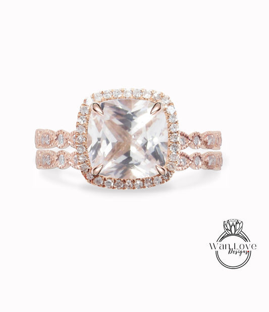 Light Pink Sapphire engagement ring set rose gold Unique woman Antique Diamond halo Wedding vintage Milgrain Bridal Anniversary gift for her