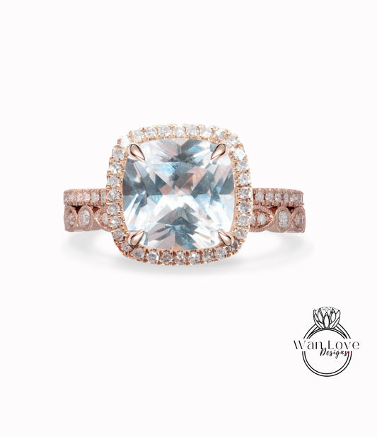 White Sapphire engagement ring set white gold Diamond halo wedding ring Dainty antique Bridal Half eternity bridal set Promise Anniversary