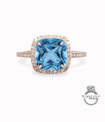 Cushion cut Aquamarine Blue Spinel engagement ring vintage Art deco rose gold diamond halo ring birthstone wedding Anniversary promise ring
