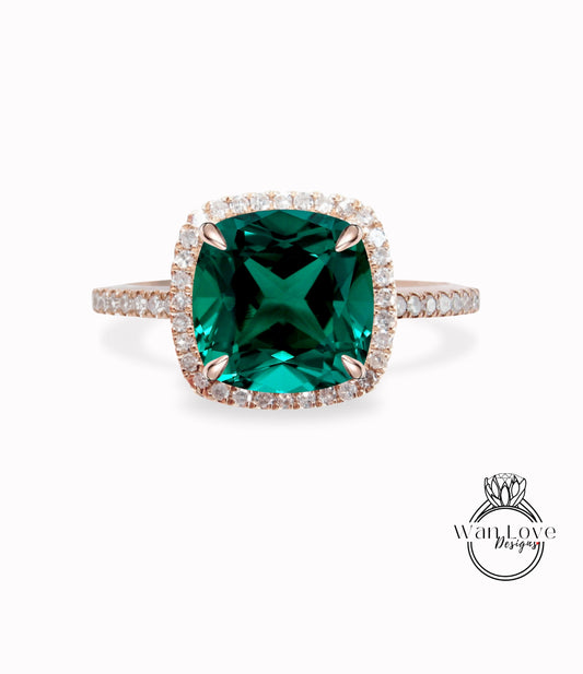Cushion cut Emerald engagement ring vintage Art deco rose gold diamond halo ring Emerald birthstone Bridal wedding Anniversary promise ring