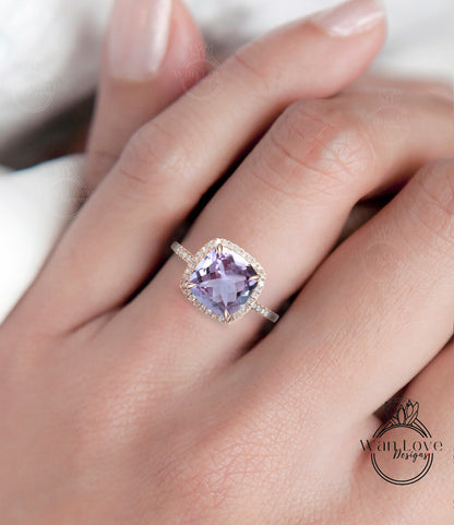 Lavender Amethyst & Diamond Halo Engagement Ring, Cushion, Round, Light, Custom, Wedding, Annievrsary Gift, Commitment