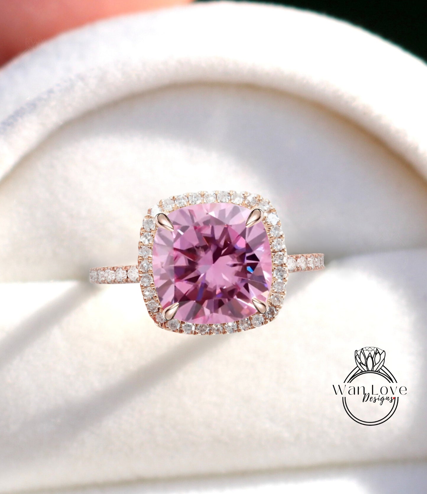 Diamond Halo Ring Pink Moissanite & Diamond Round cut Engagement Ring Art Deco rose gold Cushion Halo Ring wedding bridal promise ring