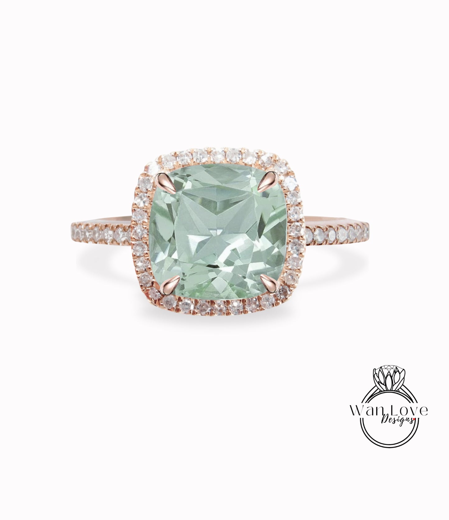 Prasiolite Green Amethyst & Diamond Halo Engagement Ring-Cushion-Round 14k 18k White Yellow Rose Gold-Platinum-Custom-Wedding, Gift