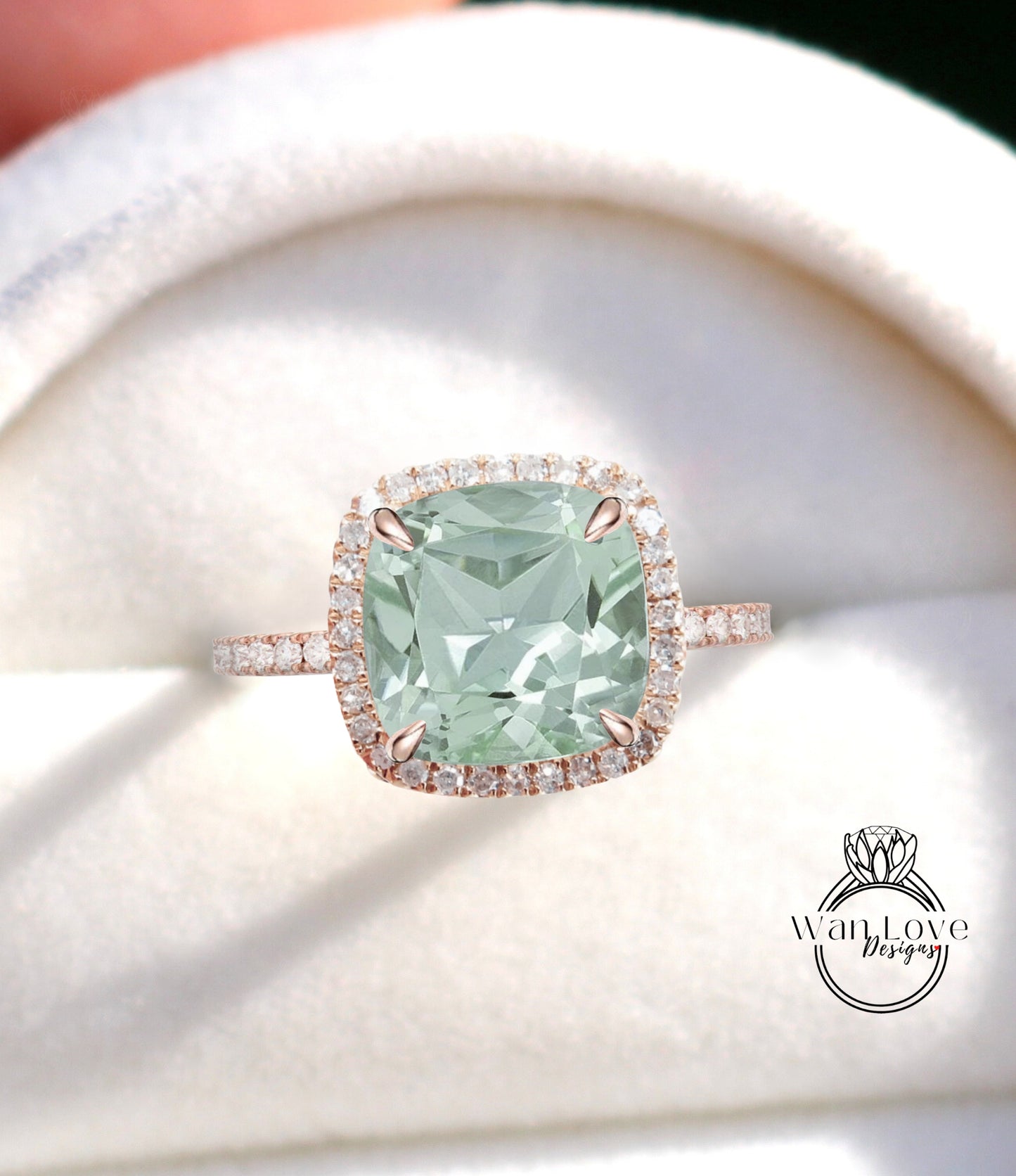 Anello di fidanzamento Prasiolite con ametista verde e diamante Halo-cuscino-rotondo 14k 18k bianco giallo oro rosa-platino-matrimonio personalizzato, regalo