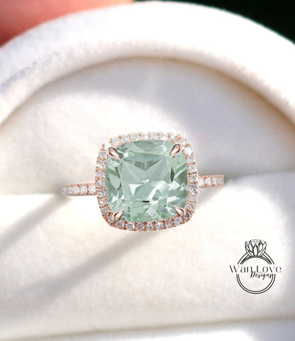 Anello di fidanzamento Prasiolite con ametista verde e diamante Halo-cuscino-rotondo 14k 18k bianco giallo oro rosa-platino-matrimonio personalizzato, regalo