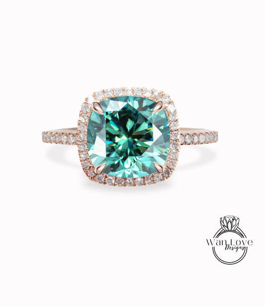 Diamond Halo Ring Blue Moissanite & Diamond Round cut Engagement Ring Art Deco rose gold Cushion Halo Ring wedding bridal promise ring