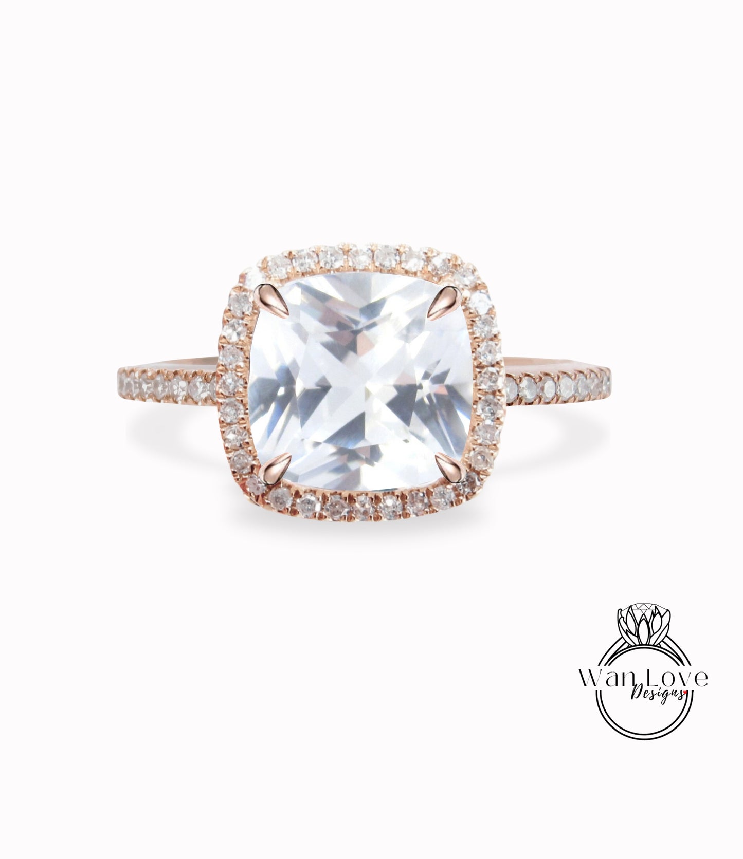 Anello di fidanzamento con zaffiro bianco taglio cuscino, anello vintage Art Déco in oro rosa con diamanti, pietra portafortuna, anello di promessa per l'anniversario di matrimonio