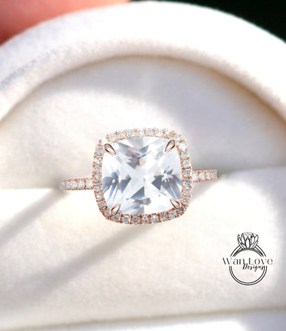 Anello di fidanzamento con zaffiro bianco taglio cuscino, anello vintage Art Déco in oro rosa con diamanti, pietra portafortuna, anello di promessa per l'anniversario di matrimonio