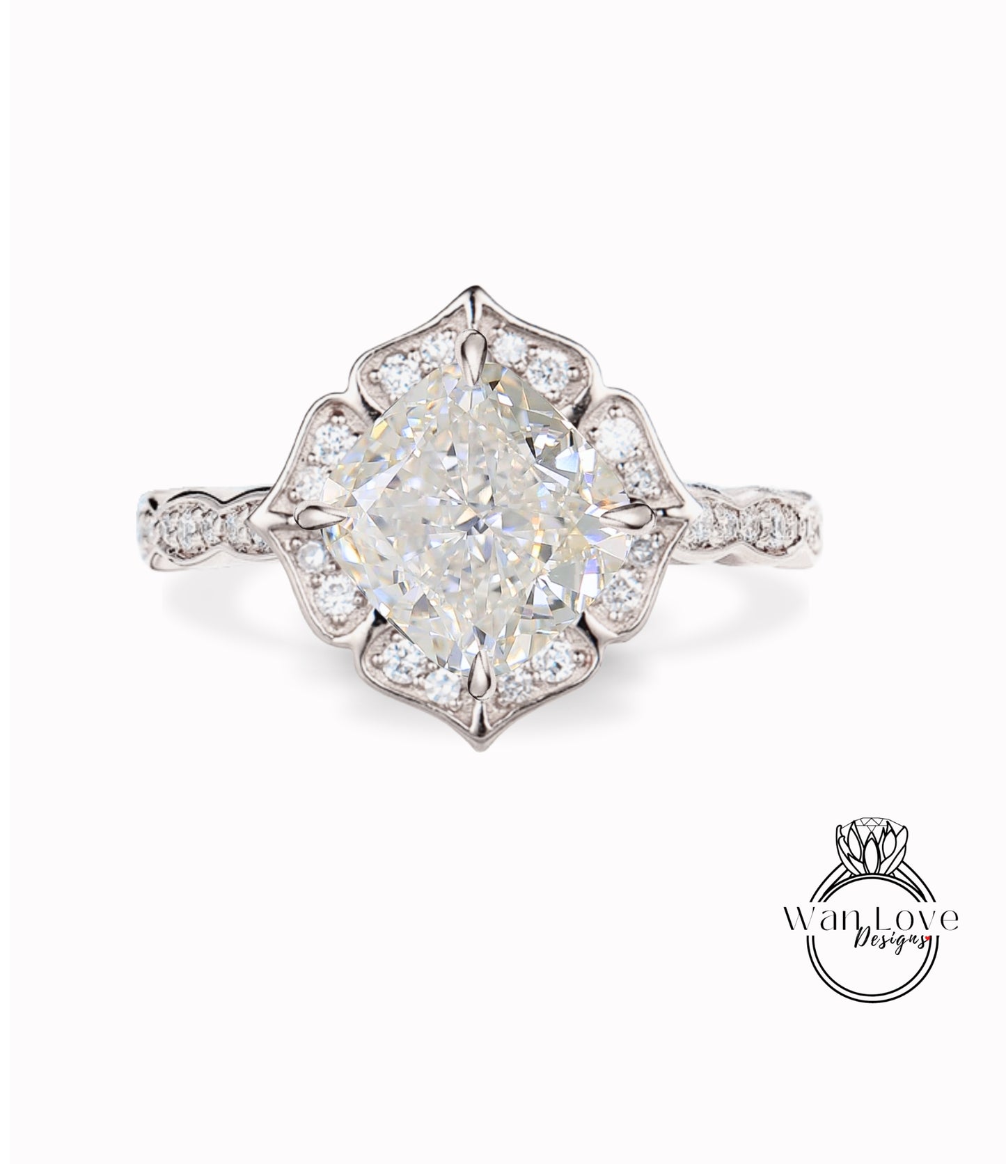 Vintage Diamond Engagement Ring Cushion Halo Floral Shaped Ring Antique milgrain scalloped diamond Wedding Bridal Ring Anniversary promise