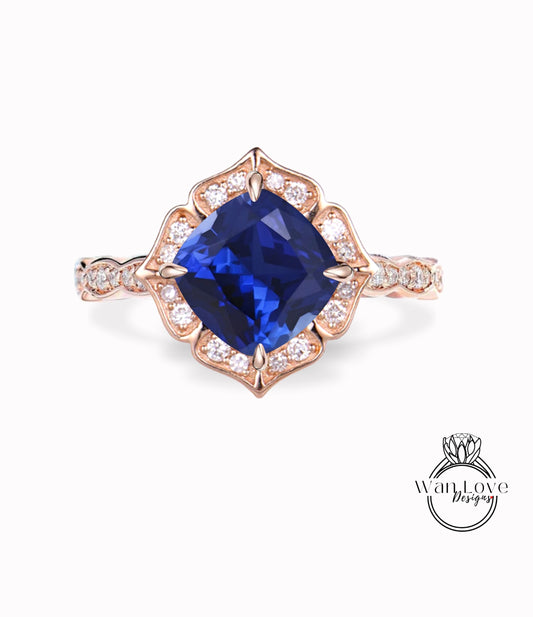 Anello di fidanzamento vintage con zaffiro blu, taglio rotondo, anello a forma di cuscino. Anello nuziale antico smerlato in milgrain, anello di promessa di anniversario.