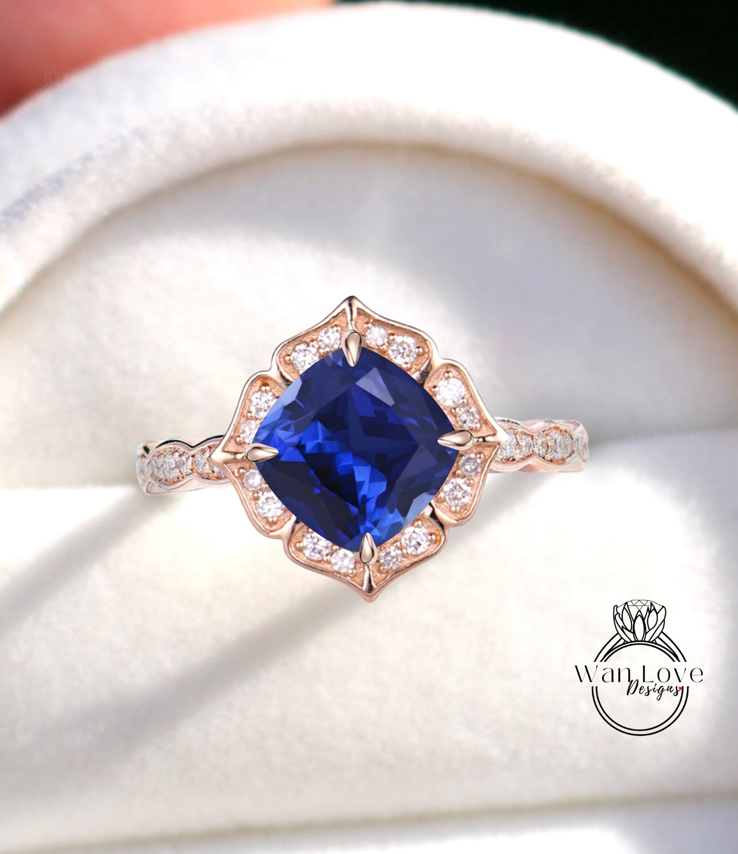 Vintage Blue Sapphire Engagement Ring round cut cushion Shaped Ring Antique milgrain scalloped Wedding Bridal Ring Anniversary promise ring