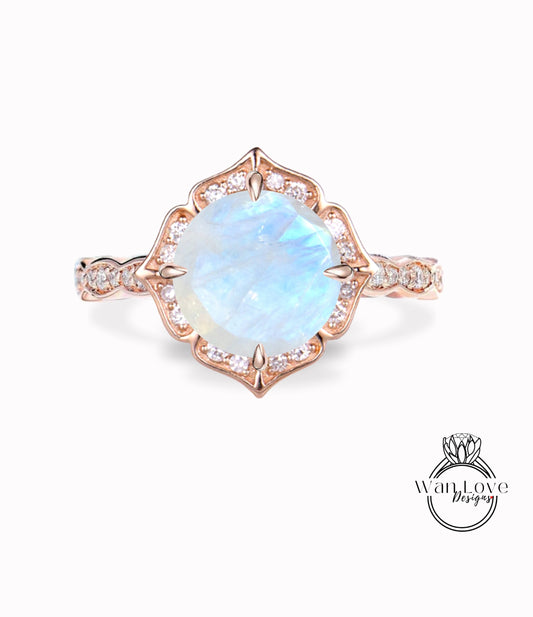 Moonstone & Diamond Scalloped Floral Cushion Halo Leaf Antique Round cut Engagement Ring, WITH or WITHOUT Milgrain, 14k 18k Gold, Platinum
