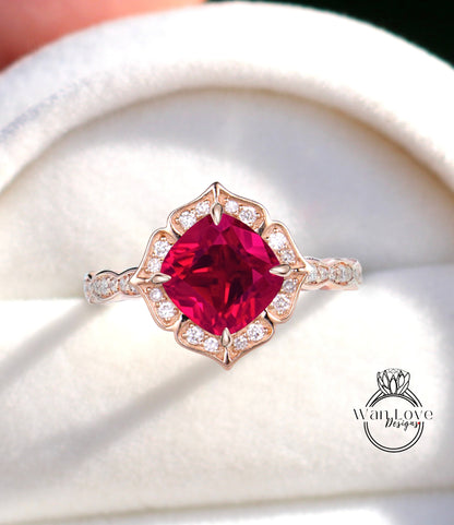 Vintage Ruby Engagement Ring round cut cushion Shaped Ring Antique milgrain scalloped rose gold Wedding Bridal Ring Anniversary promise