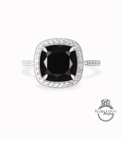 Cuscino Halo Anello di fidanzamento con spinello nero, Anello nuziale con diamante/Moissanite Halo, Anello personalizzato Half Eternity Diamond Milgrain, Anello in oro 14k/18k