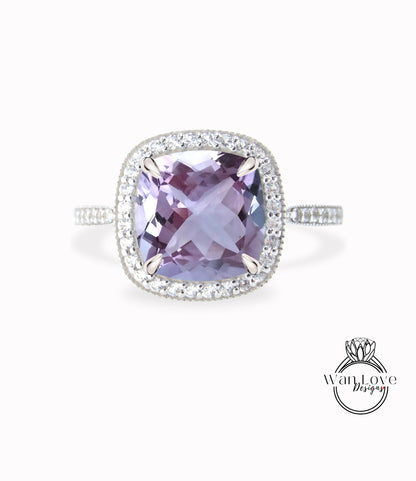 Lavender Amethyst Diamond milgrain cushion halo round engagement ring, sapphire gold engagement ring, gold milgrain ring, vintage inspired