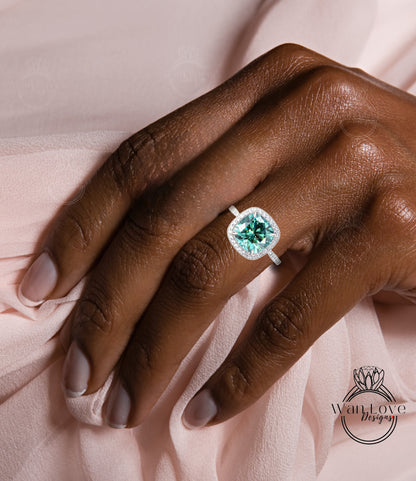 Cushion Halo Blue Moissanite Engagement Ring, Diamond Halo Wedding Ring, Half Eternity Diamond Milgrain Custom Ring, 14k/18k Gold Ring