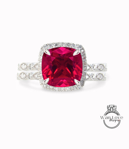 Ruby Diamond engagement ring set white gold Unique woman Antique Diamond halo Wedding vintage Milgrain Bridal Anniversary gift for her