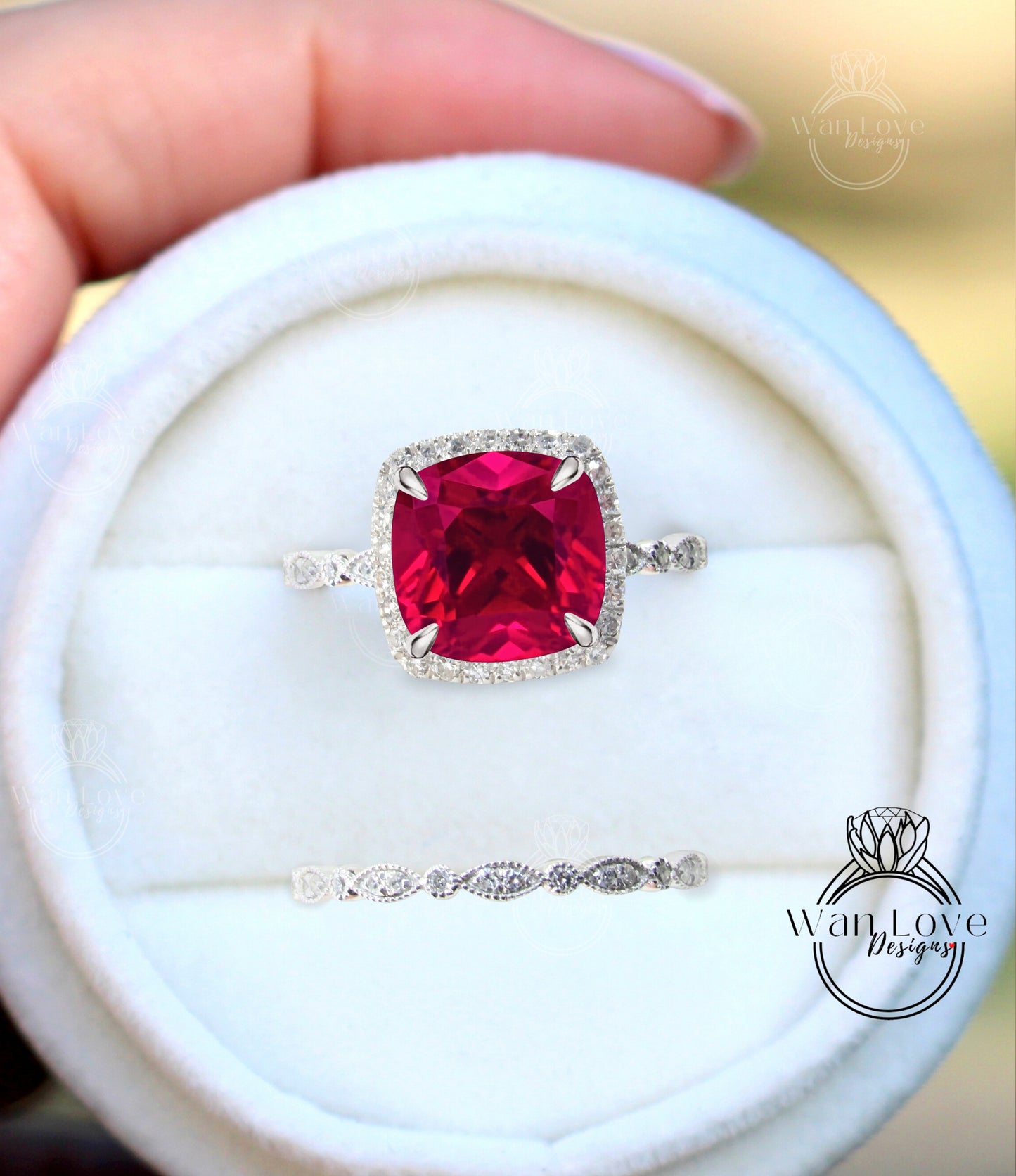 Ruby Diamond engagement ring set white gold Unique woman Antique Diamond halo Wedding vintage Milgrain Bridal Anniversary gift for her