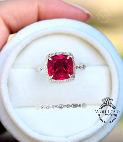 Ruby Diamond engagement ring set white gold Unique woman Antique Diamond halo Wedding vintage Milgrain Bridal Anniversary gift for her