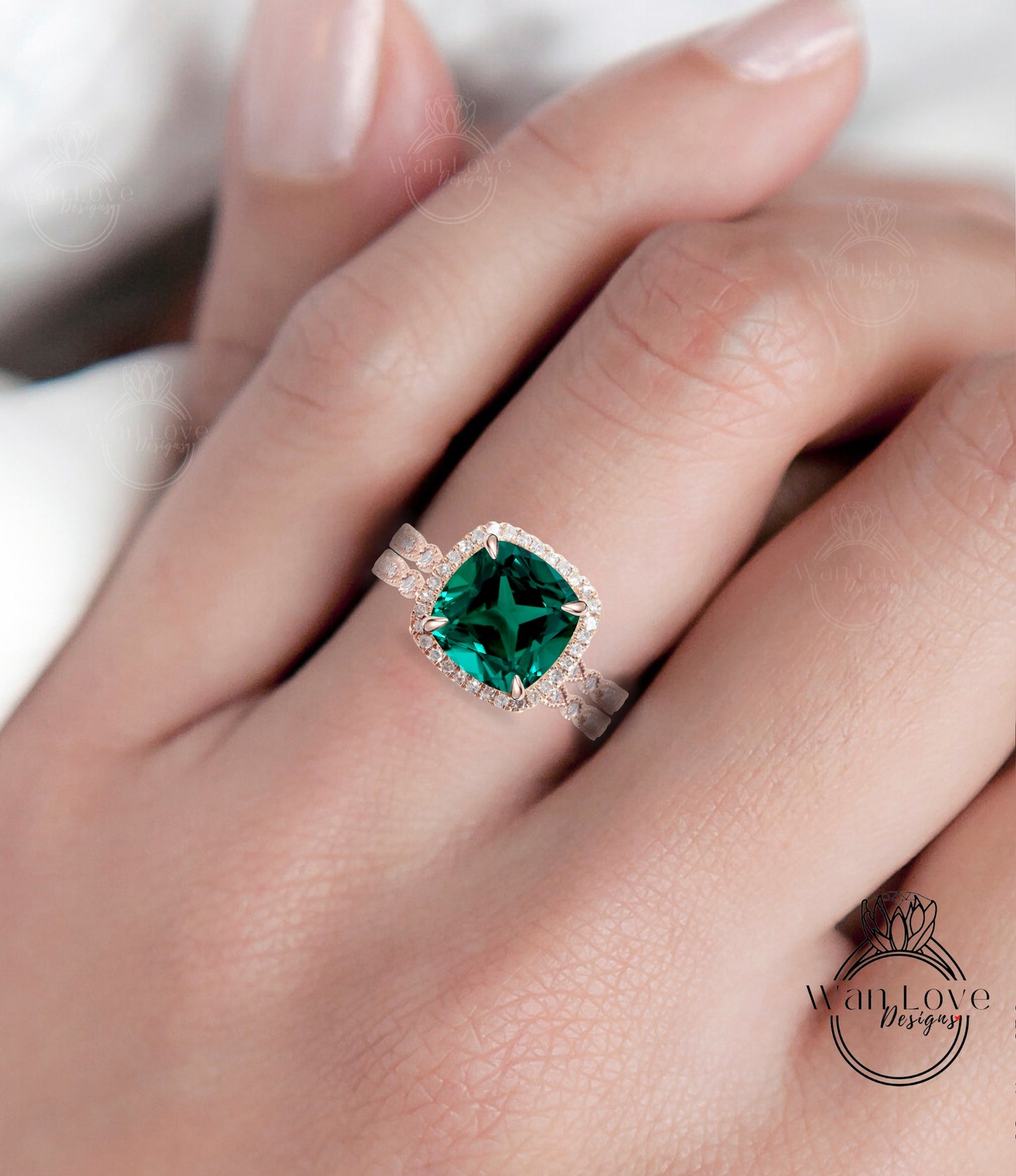 Emerald & Diamond Cushion Halo Engagement Ring Milgrain Round Leaf Wedding Band Set, Custom-14k 18 White-Yellow-Rose Gold