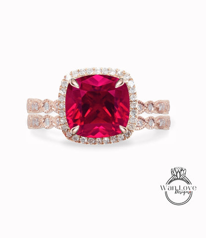 Ruby Diamond engagement ring set white gold Unique woman Antique Diamond halo Wedding vintage Milgrain Bridal Anniversary gift for her