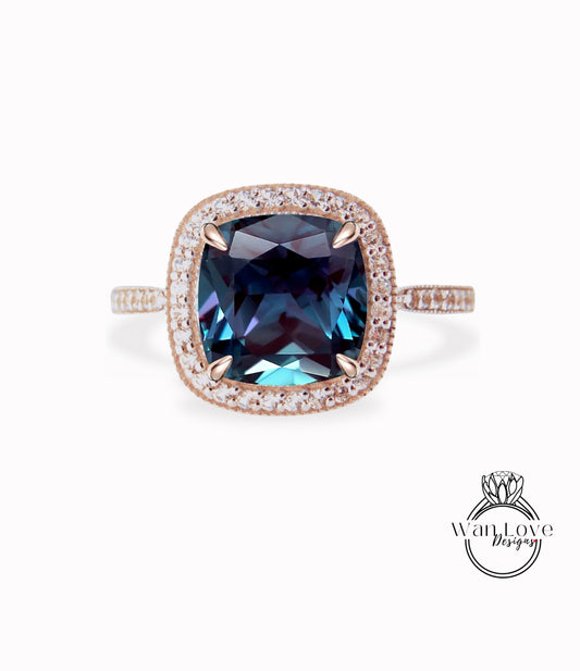 Cushion Cut Alexandrite Engagement Ring, Diamond/Moissanite Halo Wedding Ring, Half Eternity Diamond Milgrain Custom Ring, 14k/18k Gold Ring