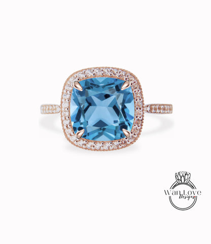 Cushion Halo Aquamarine Blue Spinel Engagement Ring, Diamond Halo Wedding Ring, Half Eternity Diamond Milgrain Custom Ring, 14k/18k Gold