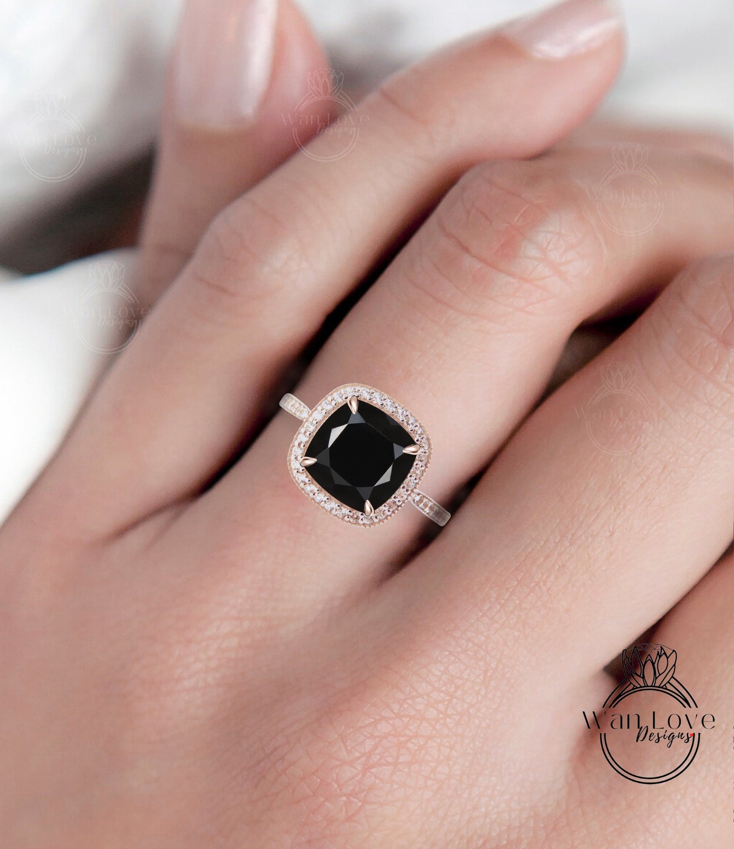 Cushion Halo Black Spinel Engagement Ring, Diamond/Moissanite Halo Wedding Ring,Half Eternity Diamond Milgrain Custom Ring,14k/18k Gold Ring