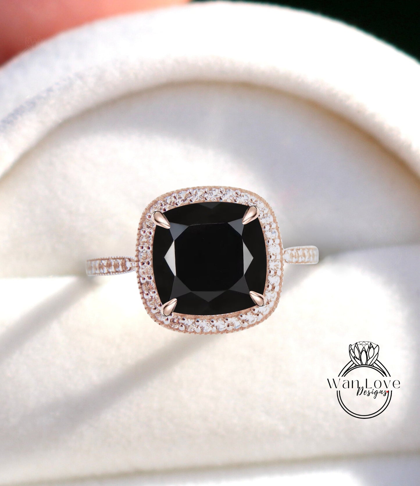 Cushion Halo Black Spinel Engagement Ring, Diamond/Moissanite Halo Wedding Ring,Half Eternity Diamond Milgrain Custom Ring,14k/18k Gold Ring