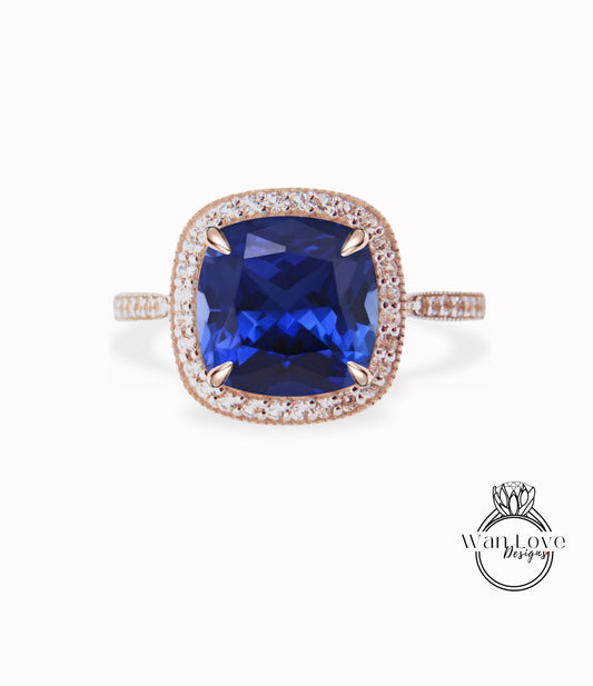 Blue Sapphire & Diamond Antique Milgrain Cushion Halo Engagement Ring, 14k 18k White Yellow Rose Gold-Platinum-Custom-Wedding Gift