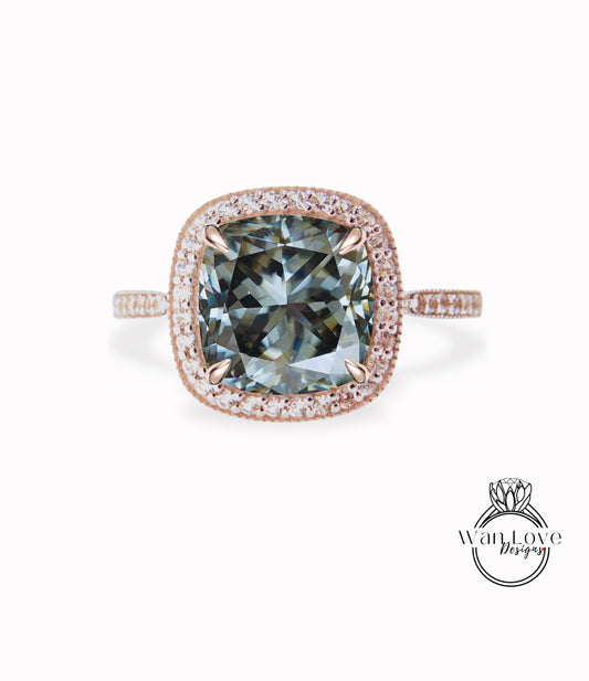 Cushion Halo Gray Moissanite Engagement Ring, Diamond/Moissanite Halo Wedding Ring, Half Eternity Diamond Milgrain Custom Ring, 14k/18k Gold