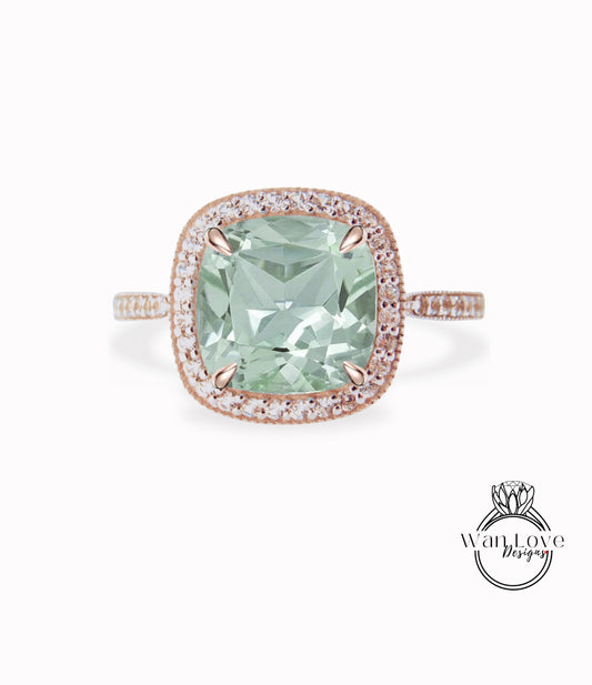 Cushion Halo Green Amethyst Engagement Ring, Diamond Halo Wedding Ring, Half Eternity Diamond Milgrain Custom Ring, 14k/18k Gold Ring