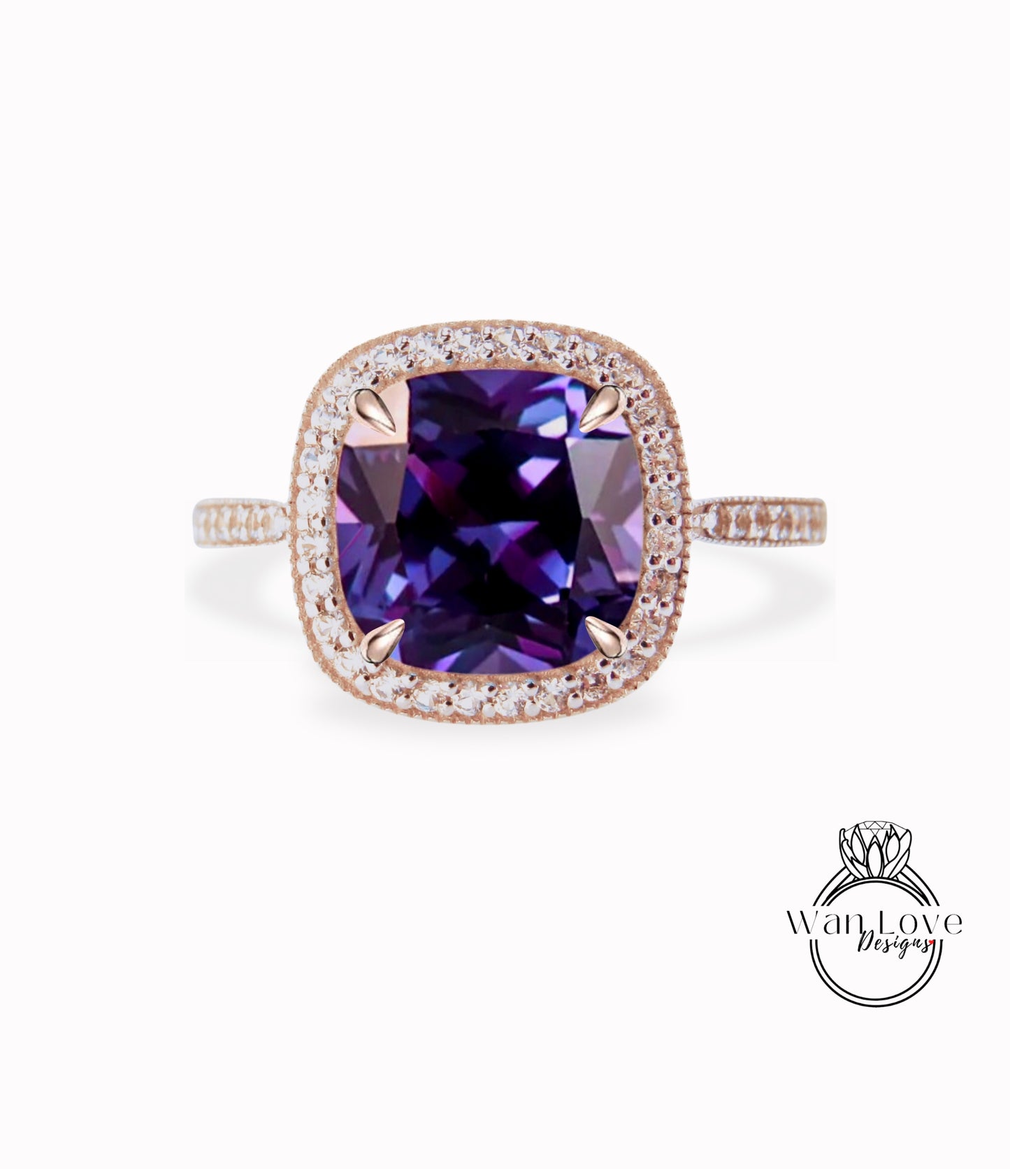 Anello di fidanzamento in filigrana Halo con zaffiro viola e diamanti color alessandrite antico con cuscino Milgrain personalizzato