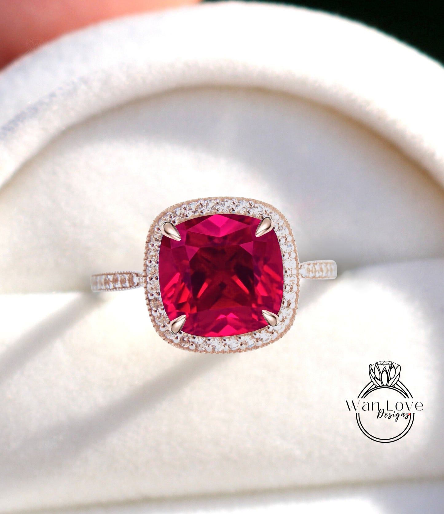 Ruby Diamond Antique Milgrain Cushion Halo Engagement Ring, Custom,Anniversary Gift,Wedding,14k 18k White Rose Yellow Gold, Anniversary Gift