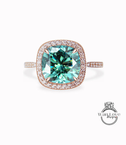 Cushion Halo Blue Moissanite Engagement Ring, Diamond Halo Wedding Ring, Half Eternity Diamond Milgrain Custom Ring, 14k/18k Gold Ring