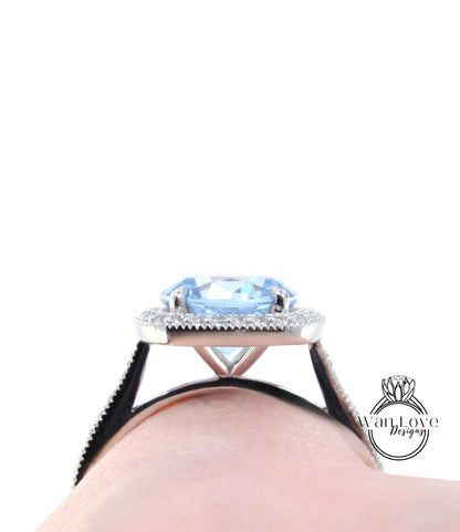 Cushion Halo Aquamarine Blue Spinel Engagement Ring, Diamond Halo Wedding Ring, Half Eternity Diamond Milgrain Custom Ring, 14k/18k Gold
