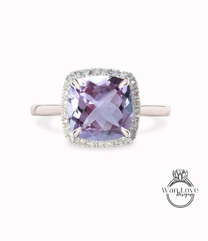 Cushion cut Lavender Amethyst engagement ring rose gold halo ring diamond halo tapered plain thin dainty band art deco anniversary promise ring