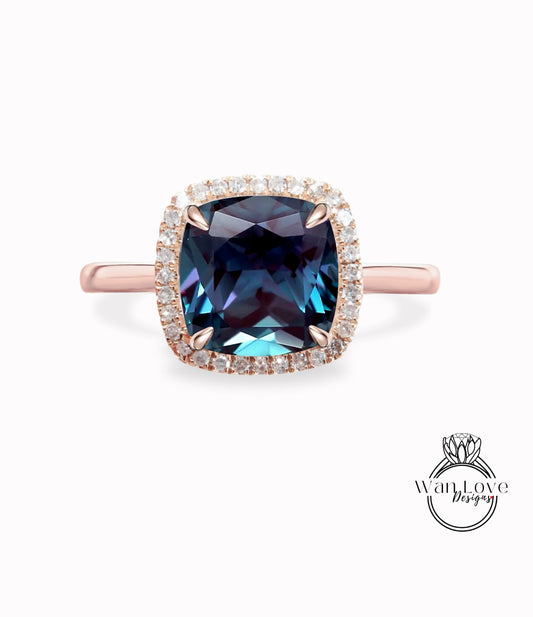 Cushion cut Alexandrite engagement ring rose gold halo ring diamond halo tapered plain thin dainty band art deco anniversary promise ring